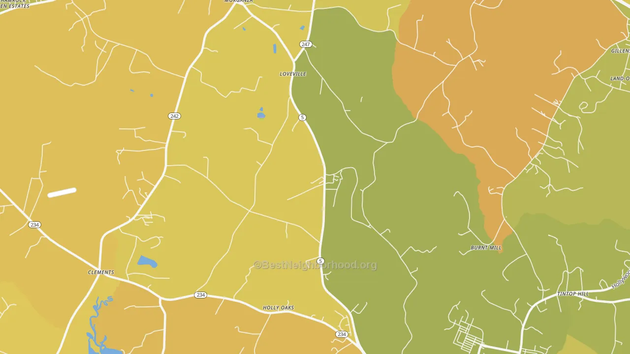 Map of the best neighborhoods in the Loveville area, with better matches in green and worse matches in red