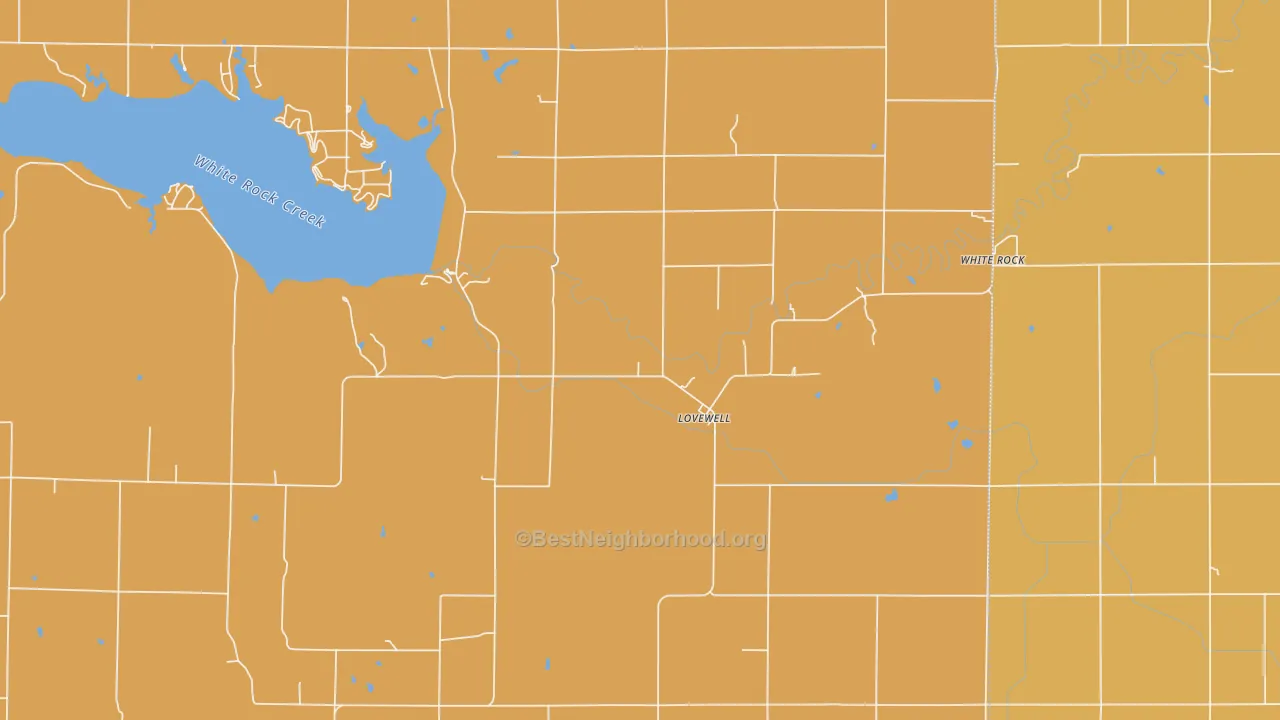 Map of the best neighborhoods in the Lovewell area, with better matches in green and worse matches in red