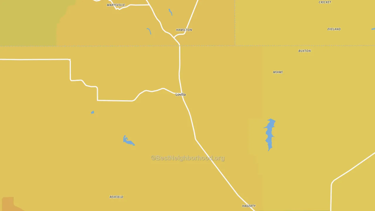 Map of the best neighborhoods in the Lovilia area, with better matches in green and worse matches in red