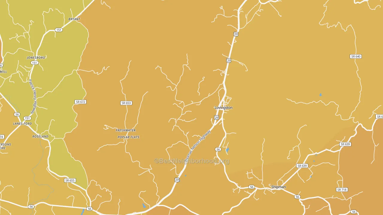 Map of the best neighborhoods in the Lovingston area, with better matches in green and worse matches in red