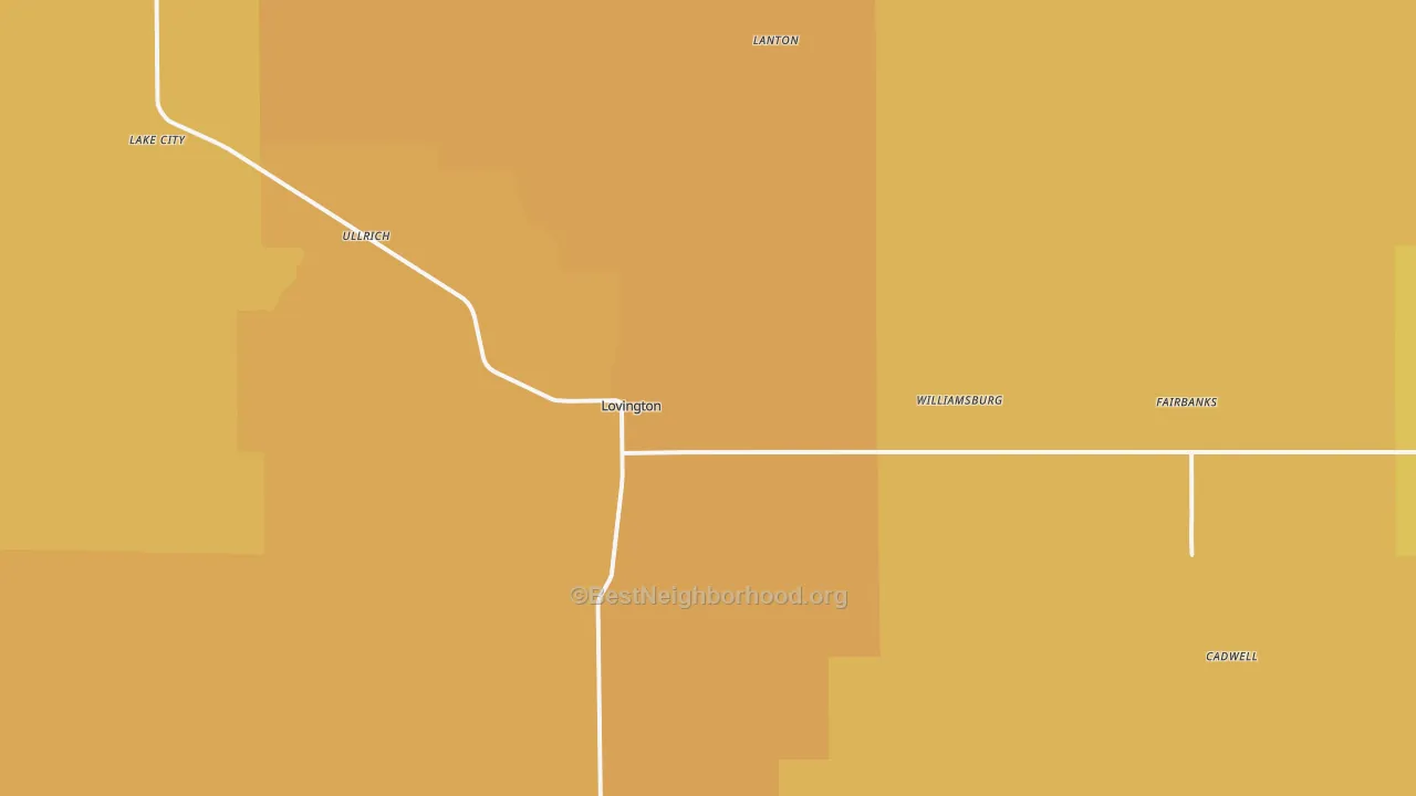 Map of the best neighborhoods in the Lovington area, with better matches in green and worse matches in red