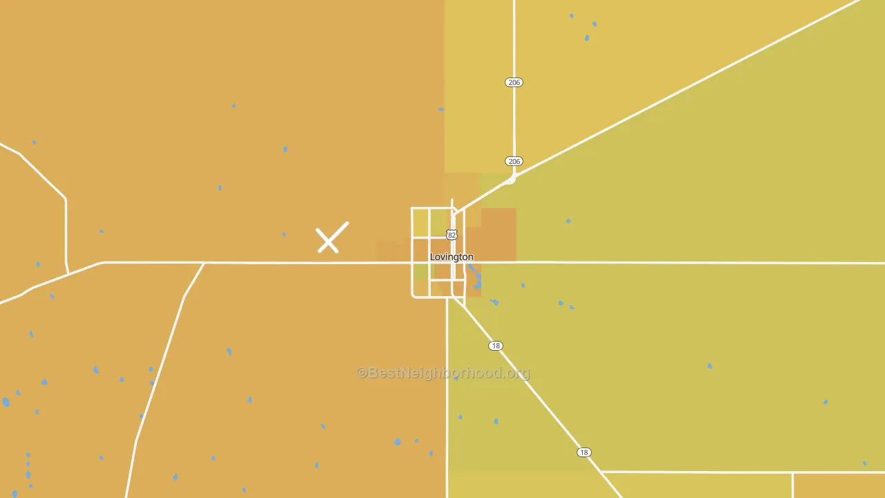 Map of the best neighborhoods in the Lovington area, with better matches in green and worse matches in red