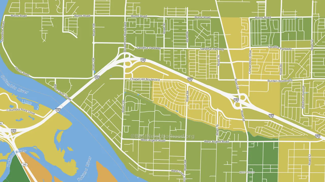 Map of the best neighborhoods in the Lovisa Farms, Pasco area, with better matches in green and worse matches in red