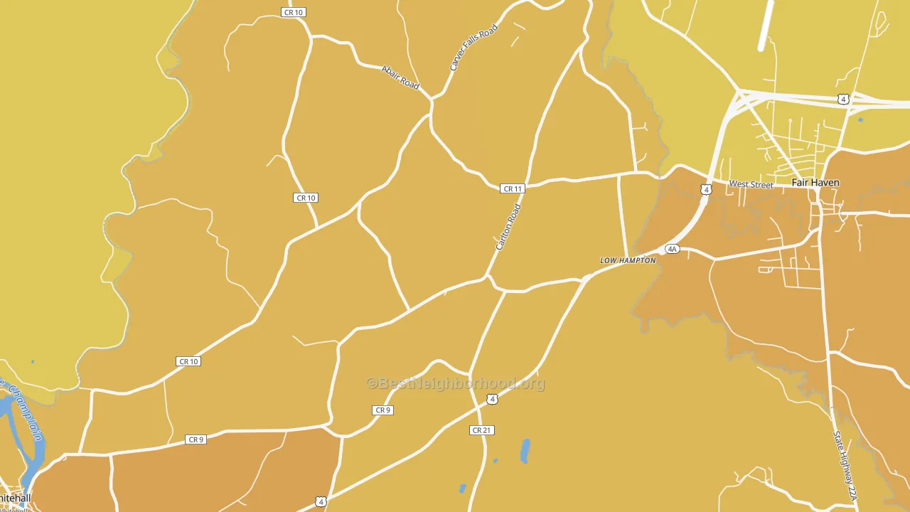 Map of the best neighborhoods in the Low Hampton area, with better matches in green and worse matches in red