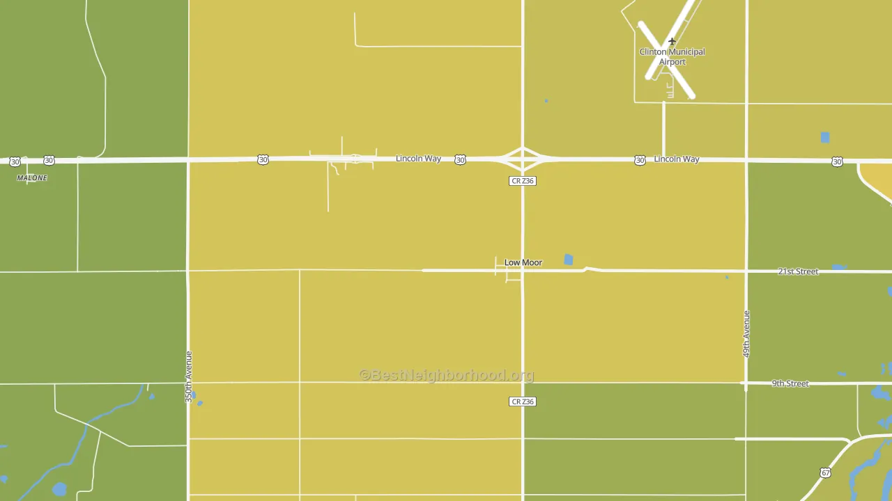 Map of the best neighborhoods in the Low Moor area, with better matches in green and worse matches in red