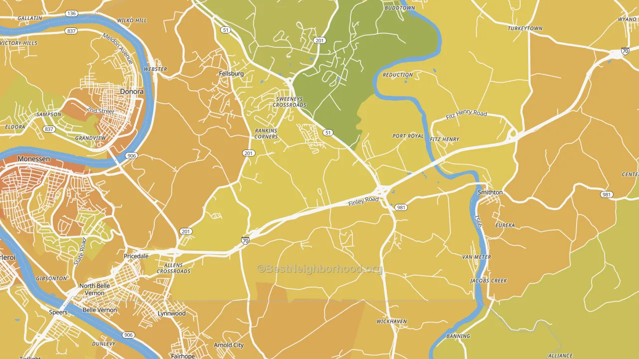 Map of the best neighborhoods in the Lowber area, with better matches in green and worse matches in red