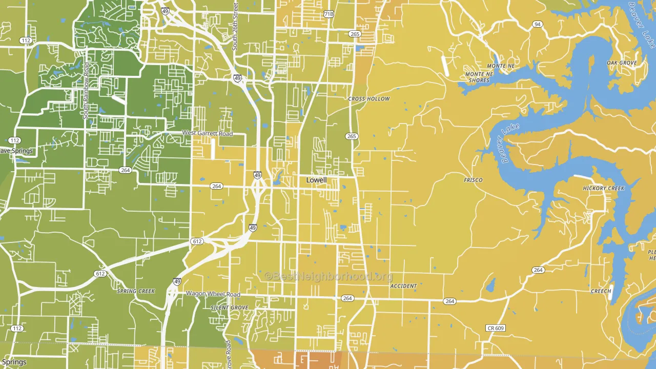 Map of the best neighborhoods in the Lowell area, with better matches in green and worse matches in red