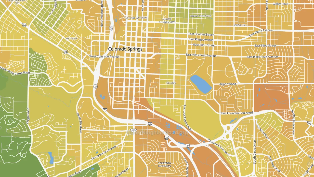 Map of the best neighborhoods in the Lowell, Colorado Springs area, with better matches in green and worse matches in red