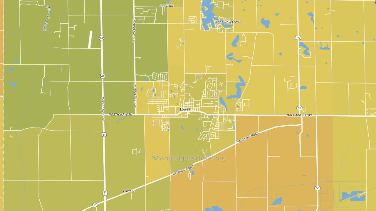 Map of the best neighborhoods in the Lowell area, with better matches in green and worse matches in red