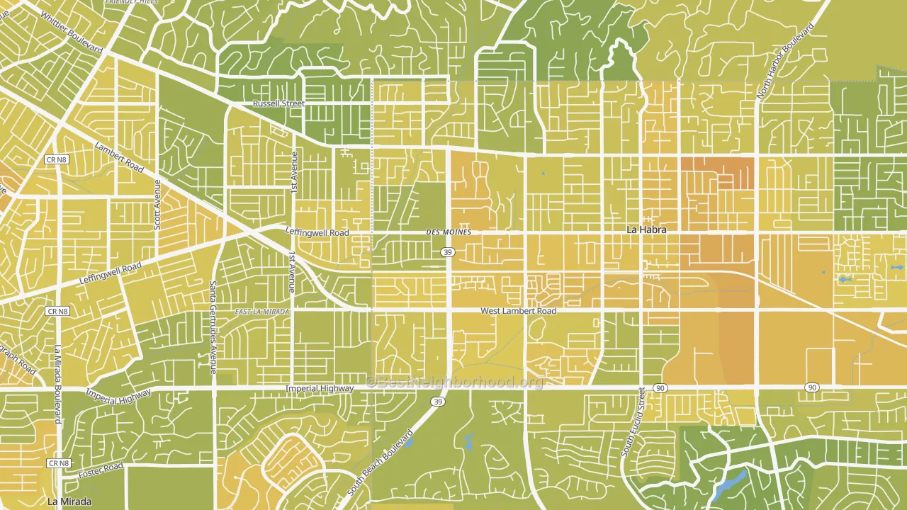 Map of the best neighborhoods in the Lowell, La Habra area, with better matches in green and worse matches in red