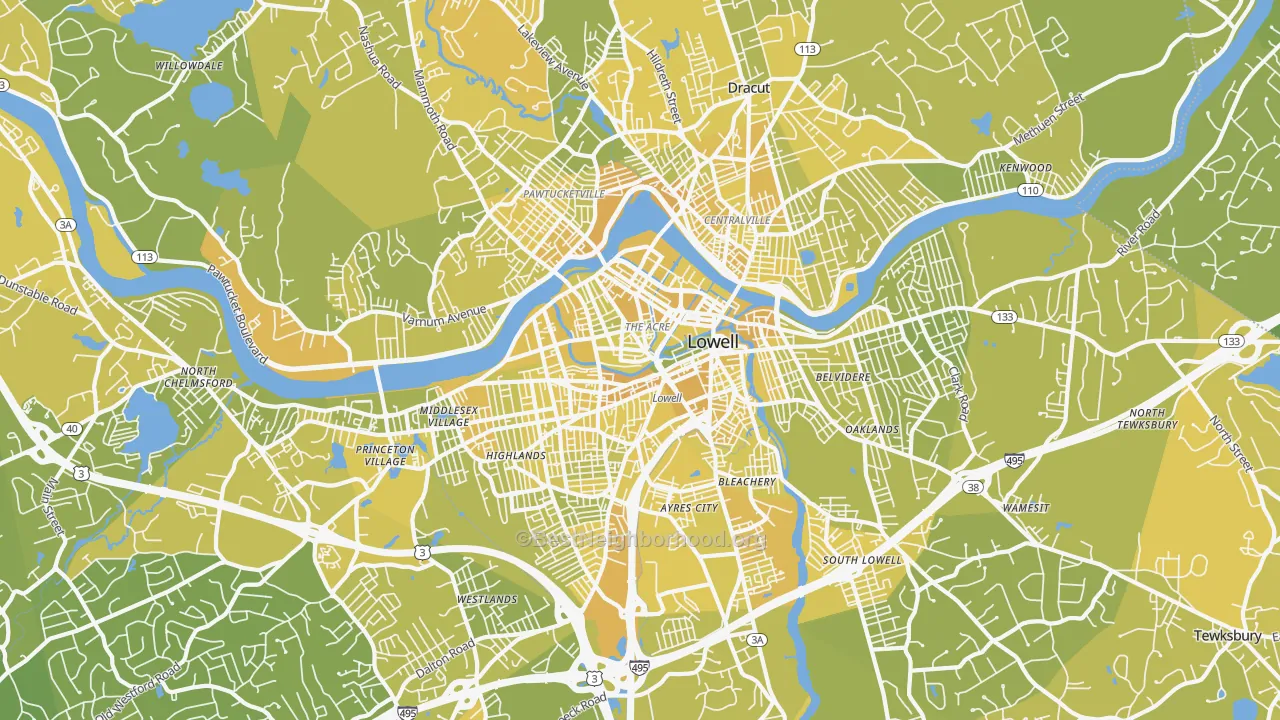 Map of the best neighborhoods in the Lowell area, with better matches in green and worse matches in red
