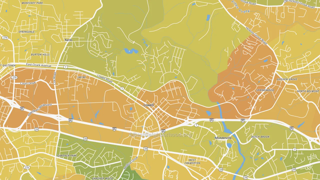 Map of the best neighborhoods in the Lowell area, with better matches in green and worse matches in red