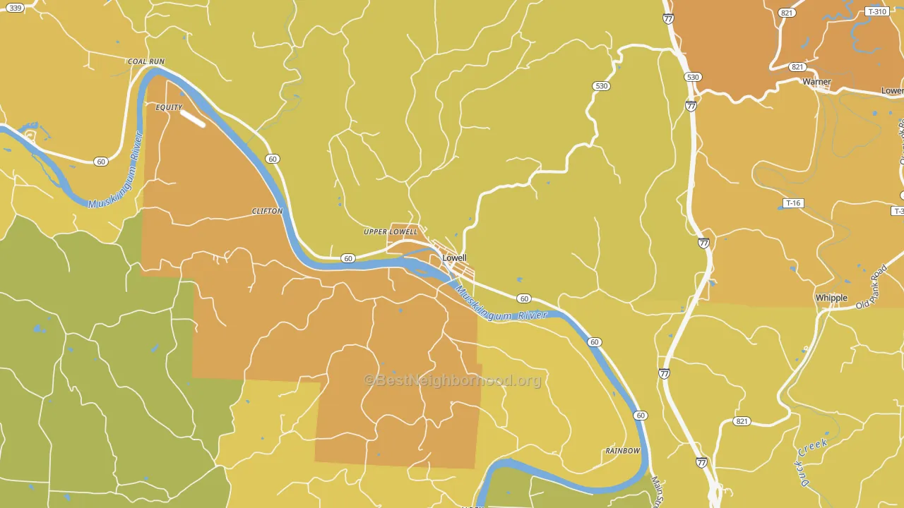 Map of the best neighborhoods in the Lowell area, with better matches in green and worse matches in red