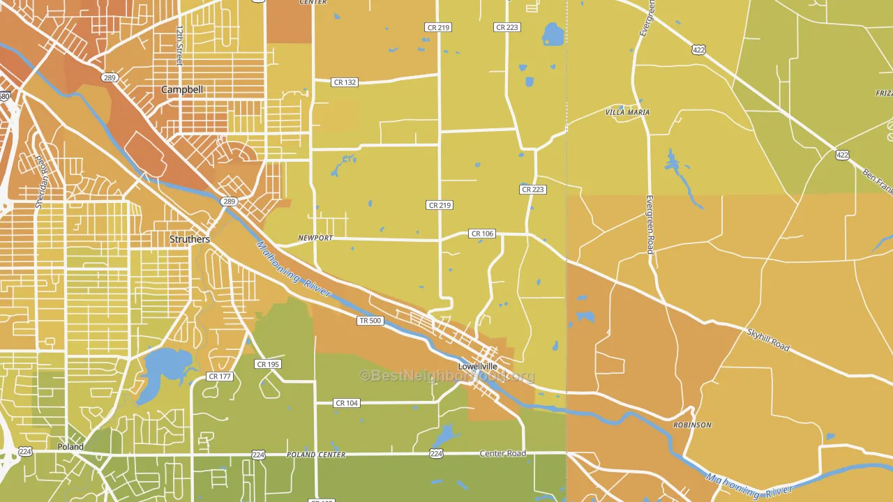Map of the best neighborhoods in the Lowellville area, with better matches in green and worse matches in red