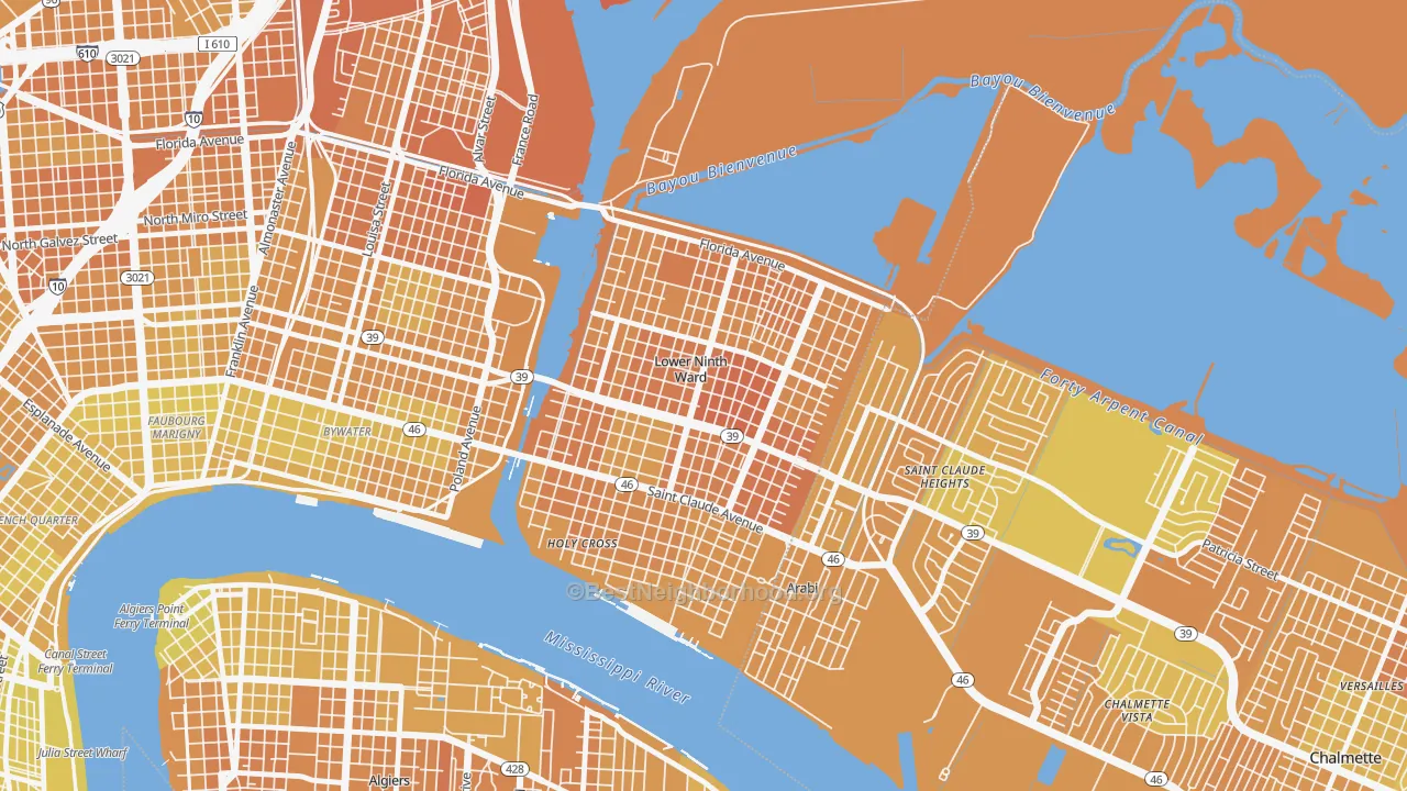 Map of the best neighborhoods in the Lower 9th Ward, New Orleans area, with better matches in green and worse matches in red