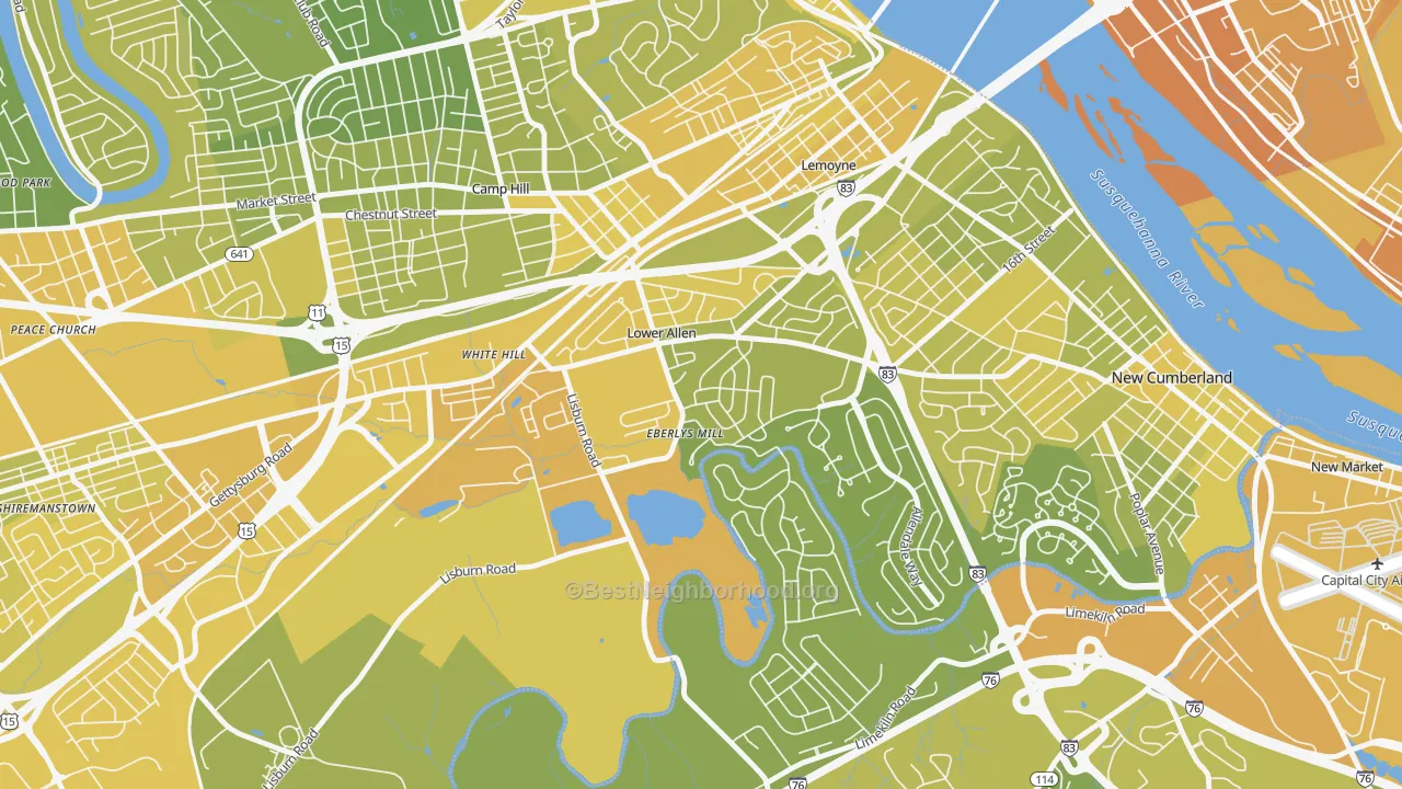 Map of the best neighborhoods in the Lower Allen area, with better matches in green and worse matches in red