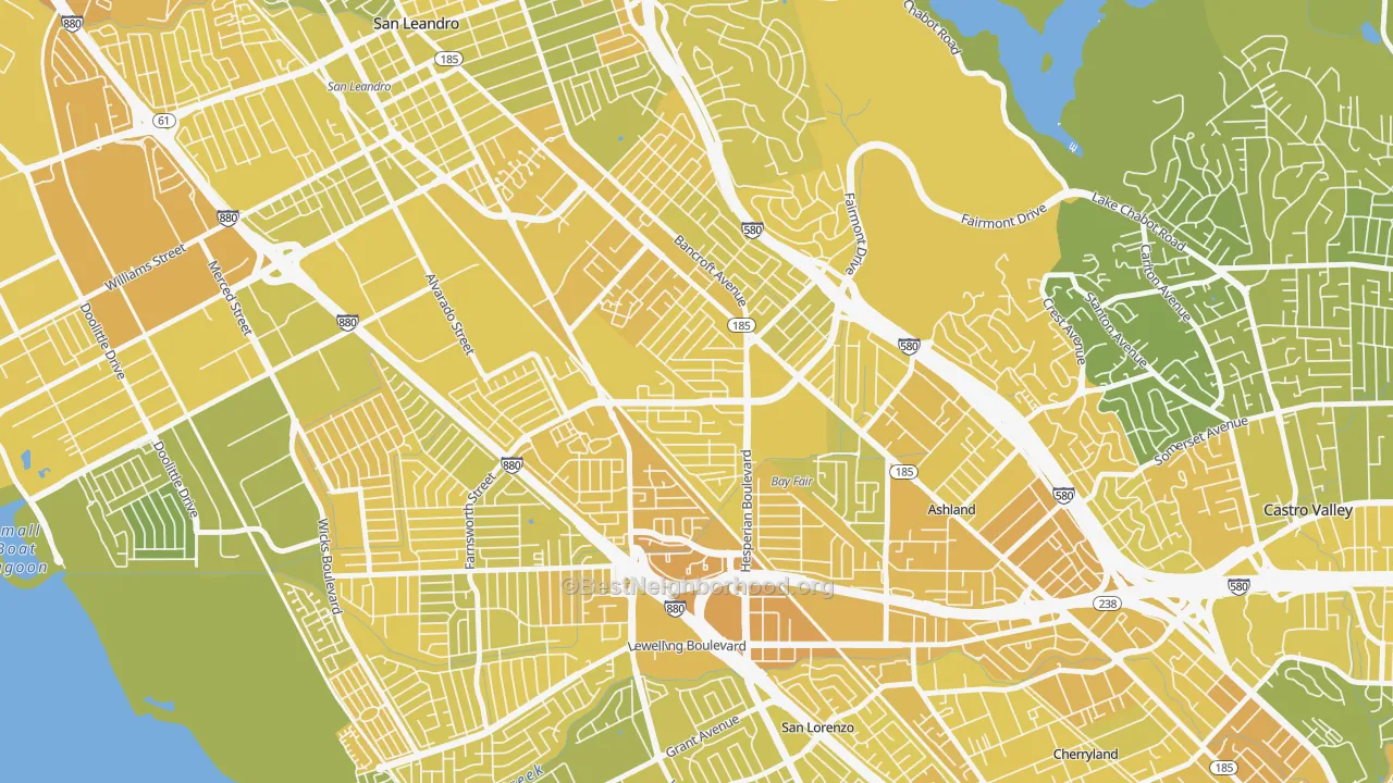 Map of the best neighborhoods in the Lower Bal, San Leandro area, with better matches in green and worse matches in red