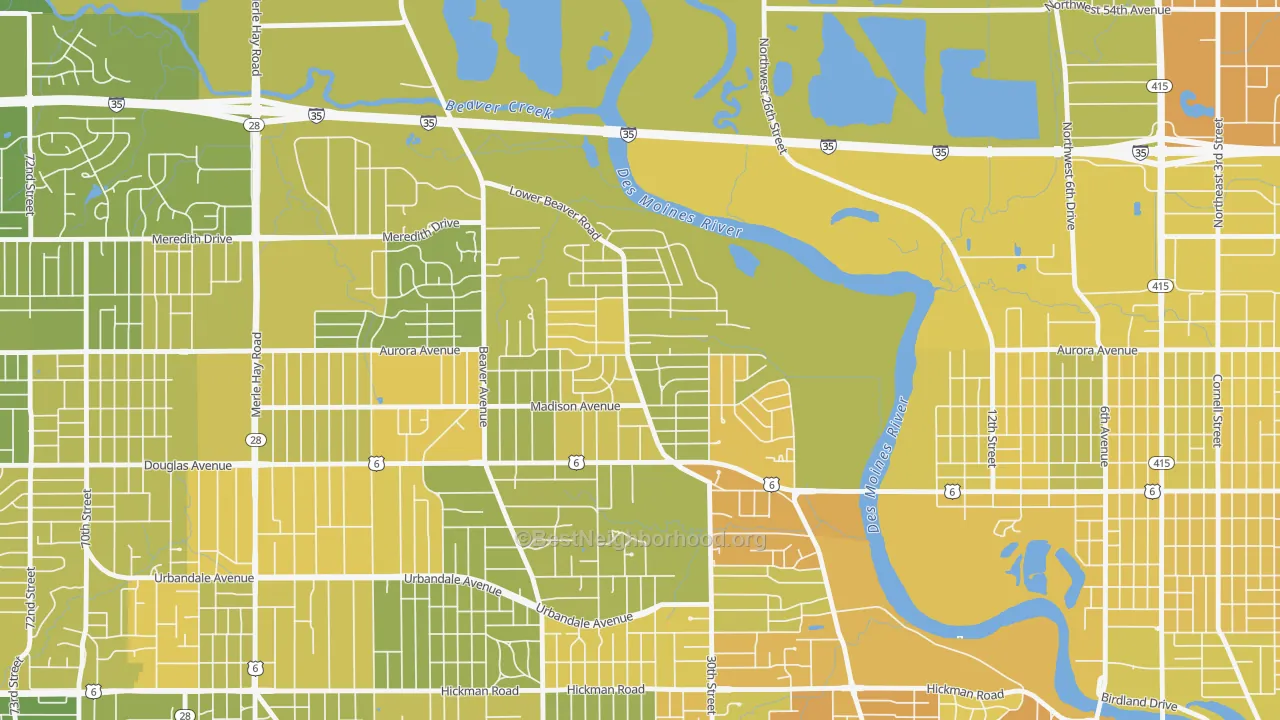 Map of the best neighborhoods in the Lower Beaver, Des Moines area, with better matches in green and worse matches in red