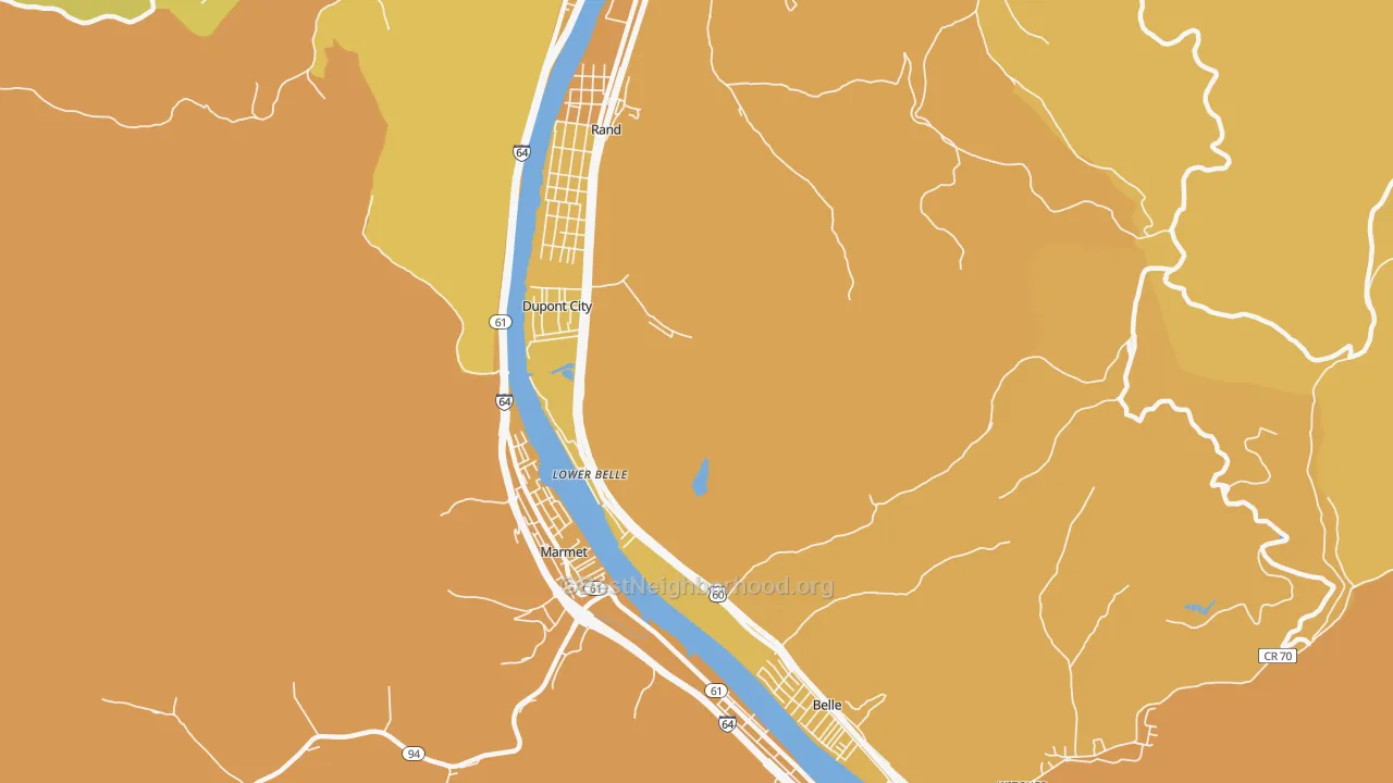 Map of the best neighborhoods in the Lower Belle area, with better matches in green and worse matches in red