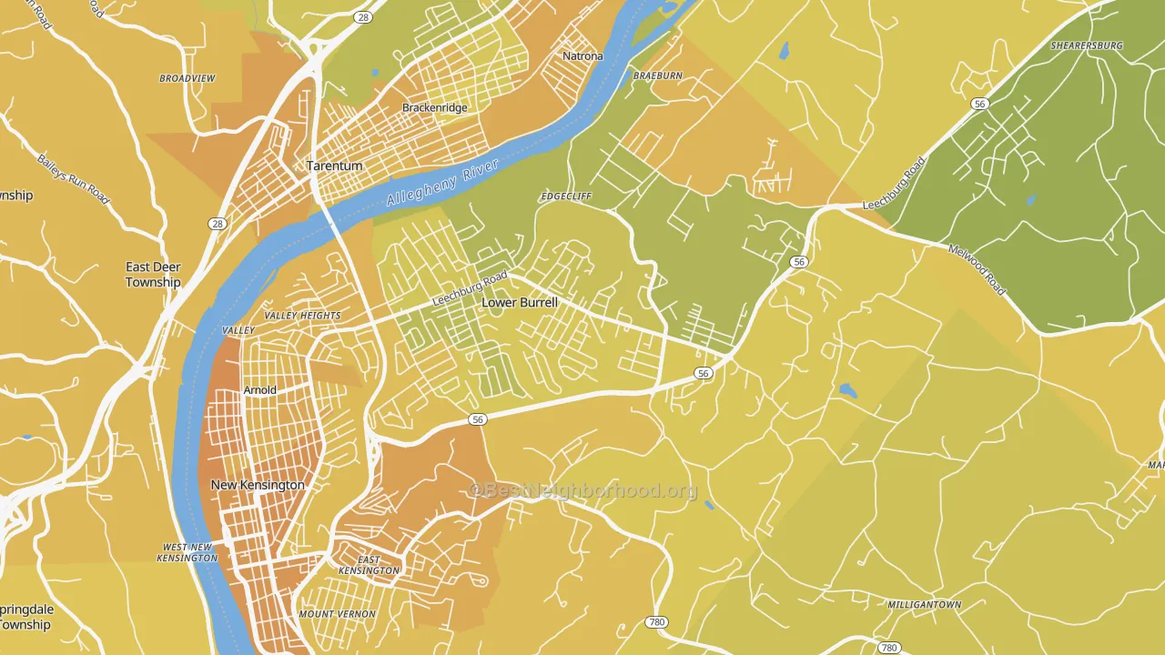 Map of the best neighborhoods in the Lower Burrell area, with better matches in green and worse matches in red