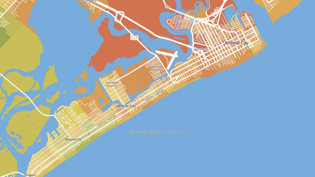 Map of the best neighborhoods in the Lower Chelsea, Atlantic City area, with better matches in green and worse matches in red
