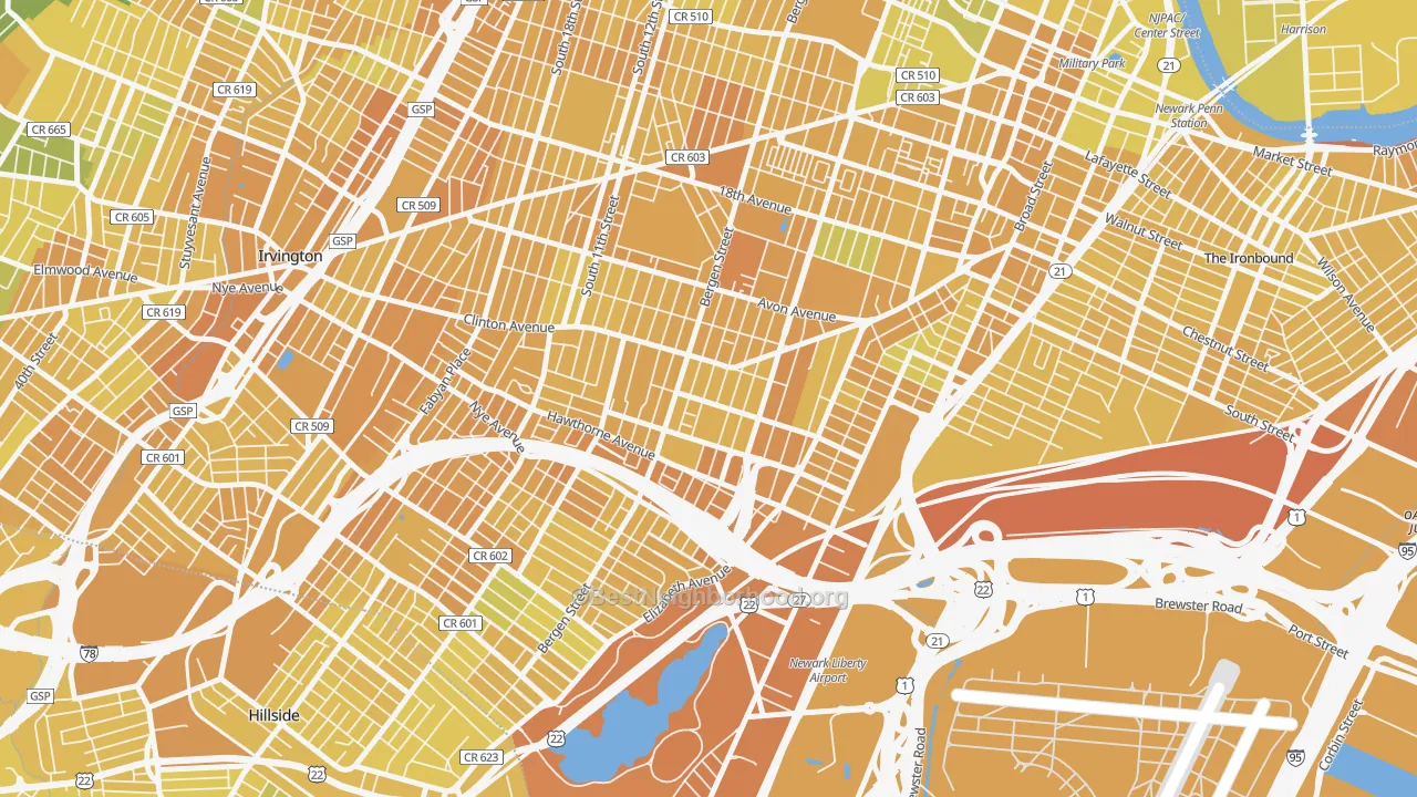 Map of the best neighborhoods in the Lower Clinton Hill, Newark area, with better matches in green and worse matches in red