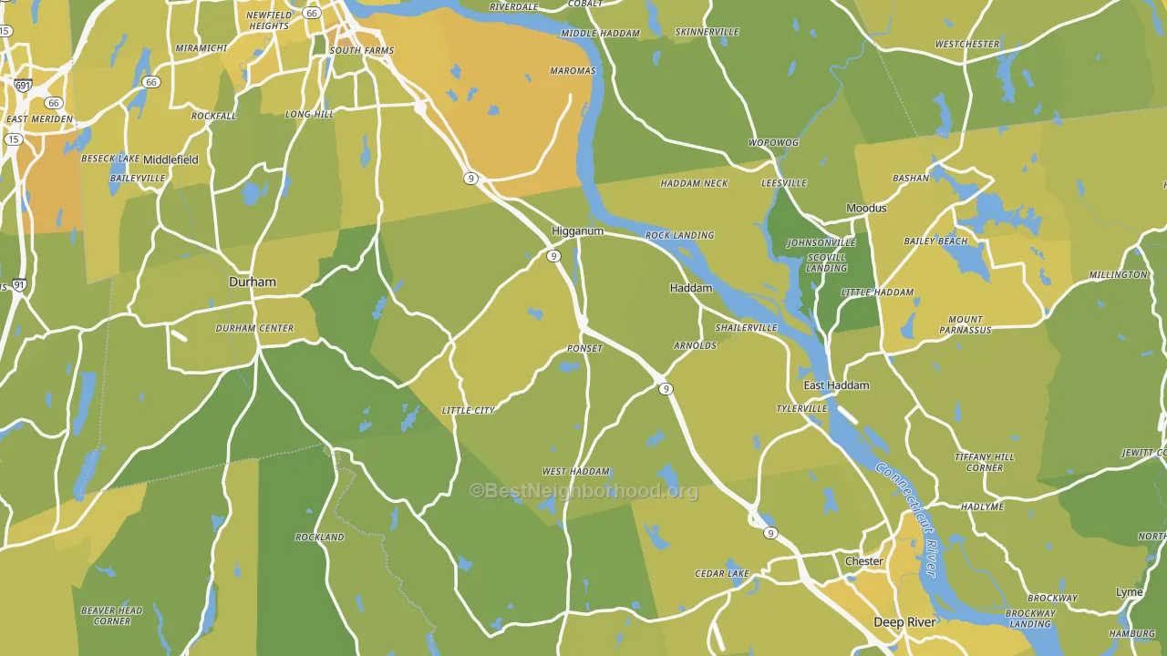 Map of the best neighborhoods in the Lower Connecticut River Valley Planning Region area, with better matches in green and worse matches in red