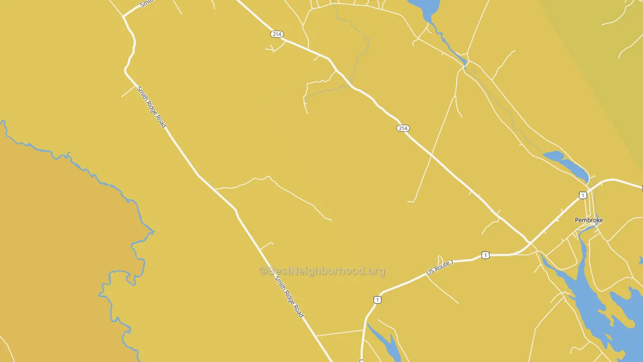 Map of the best neighborhoods in the Lower Dennysville area, with better matches in green and worse matches in red