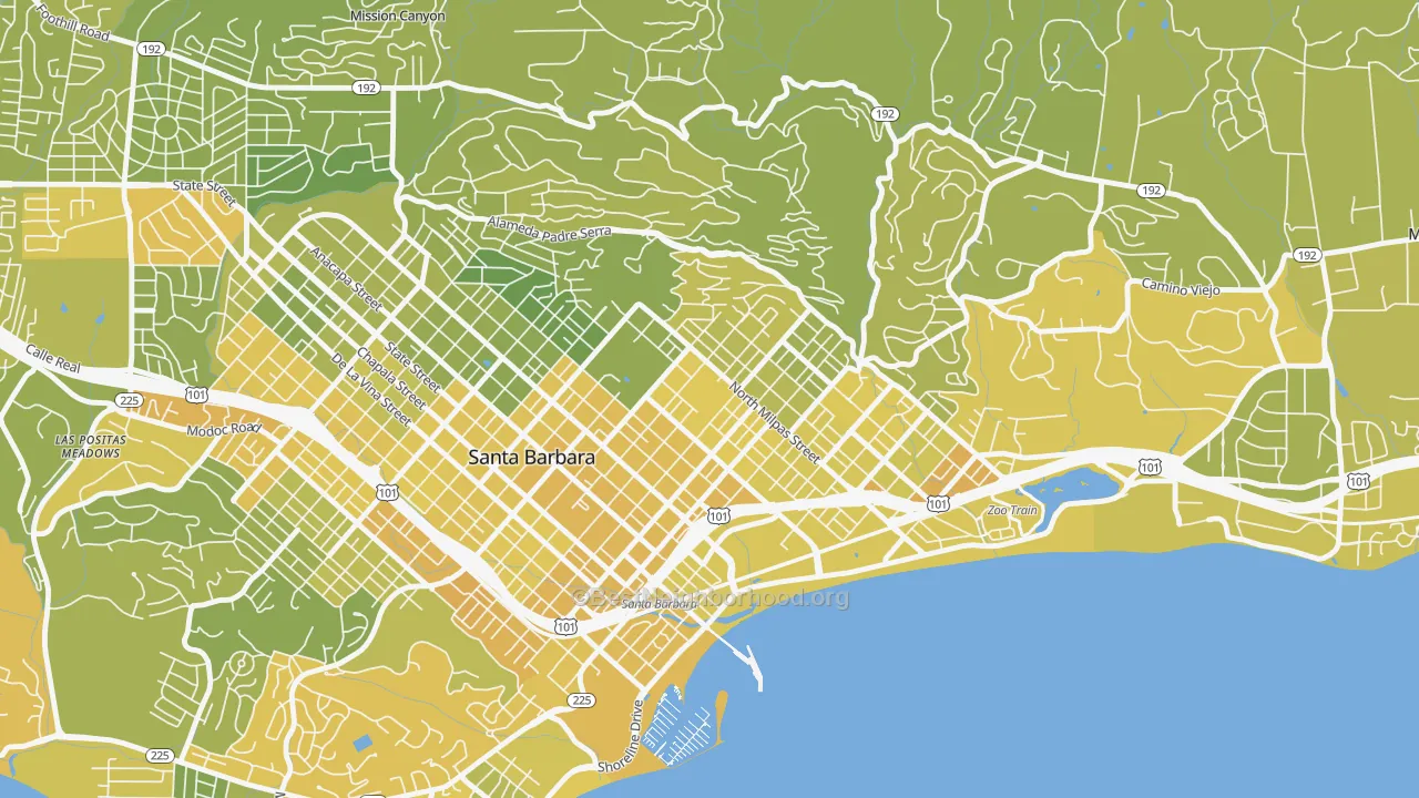 Map of the best neighborhoods in the Lower East, Santa Barbara area, with better matches in green and worse matches in red
