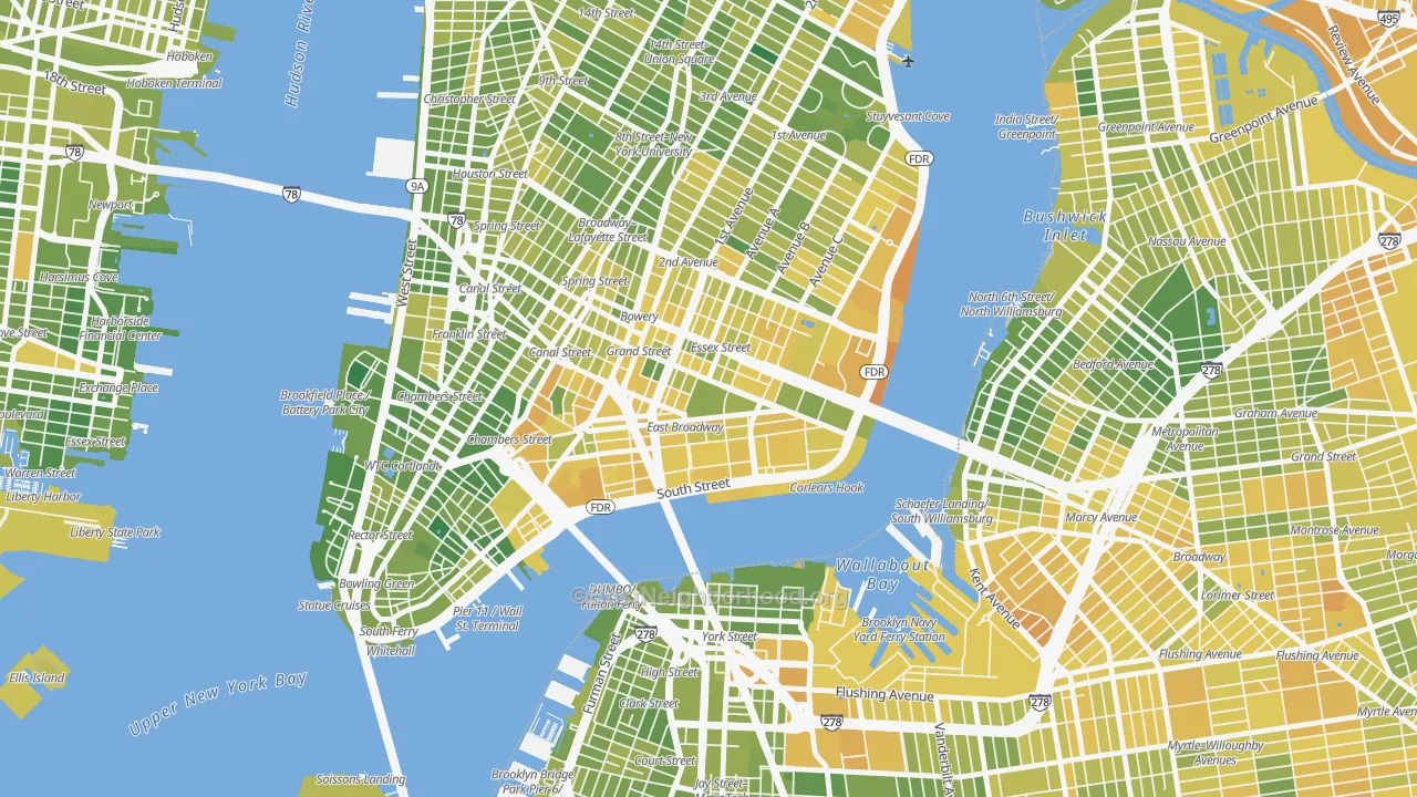 Map of the best neighborhoods in the Lower East Side, Manhattan area, with better matches in green and worse matches in red