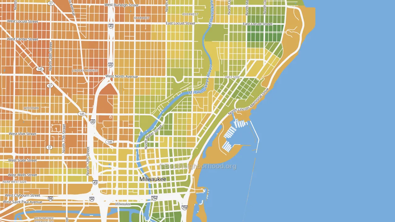 Map of the best neighborhoods in the Lower East Side, Milwaukee area, with better matches in green and worse matches in red