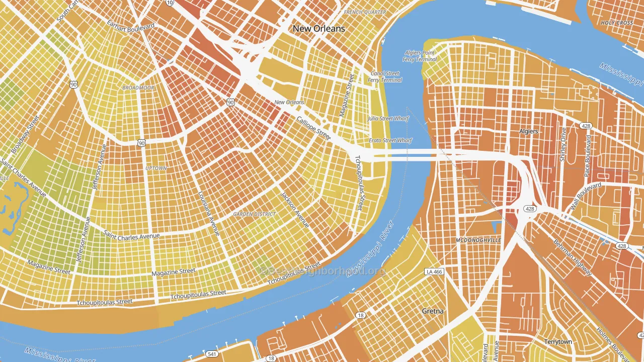 Map of the best neighborhoods in the Lower Garden District, New Orleans area, with better matches in green and worse matches in red
