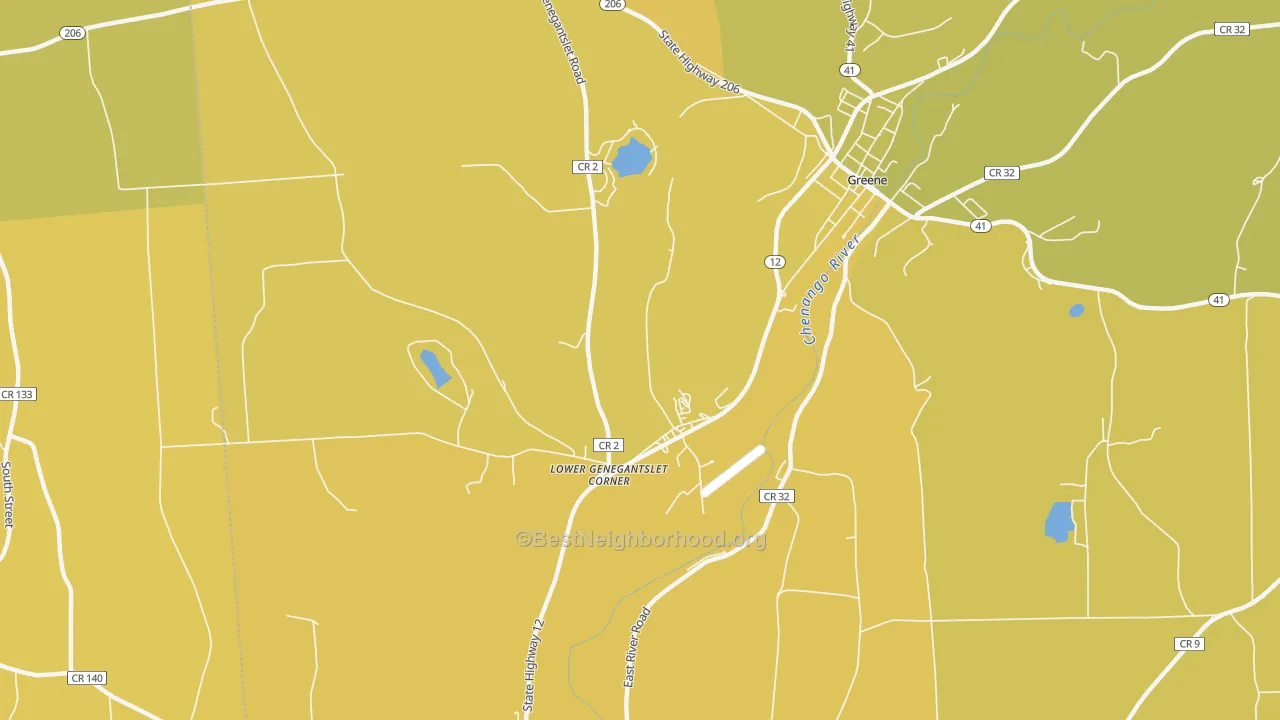 Map of the best neighborhoods in the Lower Genegantslet Corner area, with better matches in green and worse matches in red