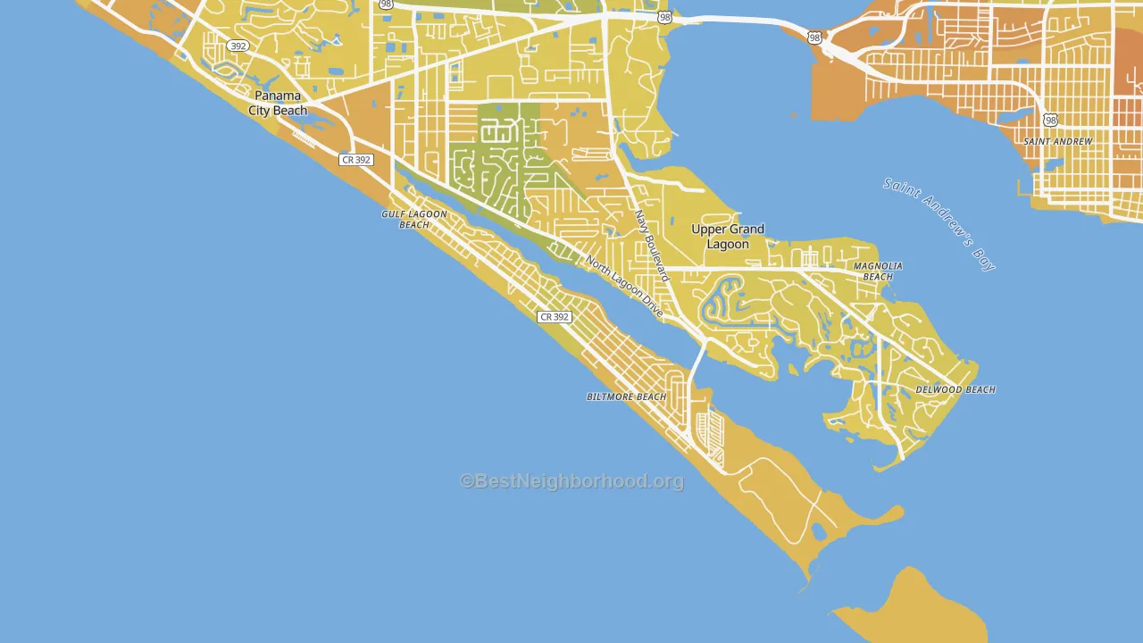 Map of the best neighborhoods in the Lower Grand Lagoon area, with better matches in green and worse matches in red