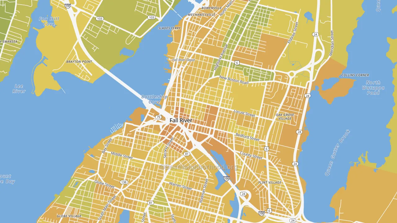 Map of the best neighborhoods in the Lower Highlands, Fall River area, with better matches in green and worse matches in red