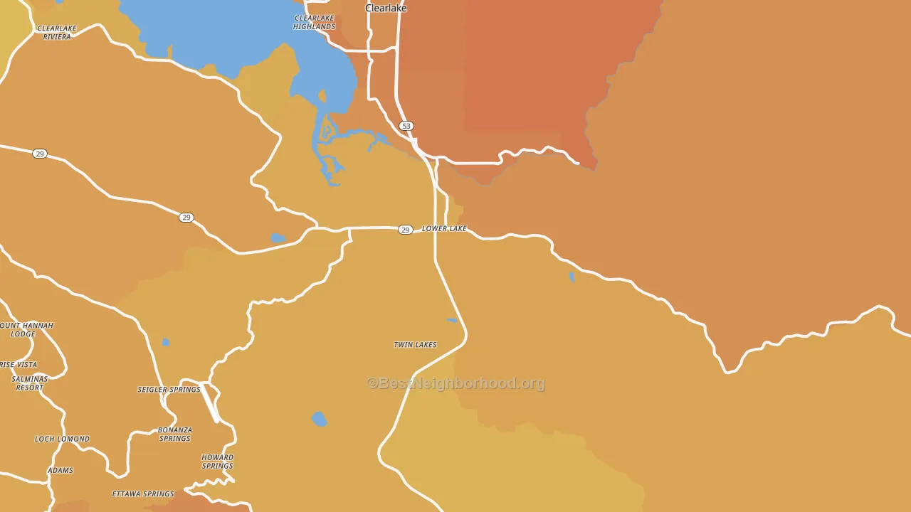Map of the best neighborhoods in the Lower Lake area, with better matches in green and worse matches in red