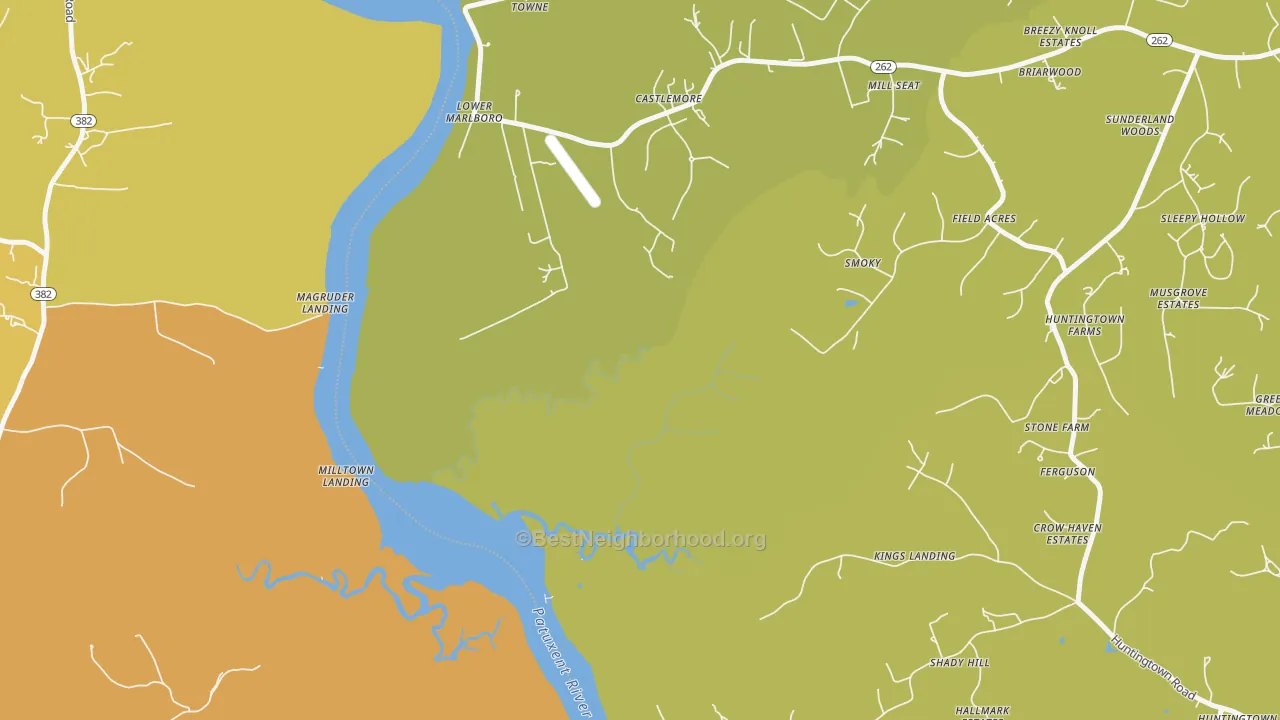 Map of the best neighborhoods in the Lower Marlboro area, with better matches in green and worse matches in red