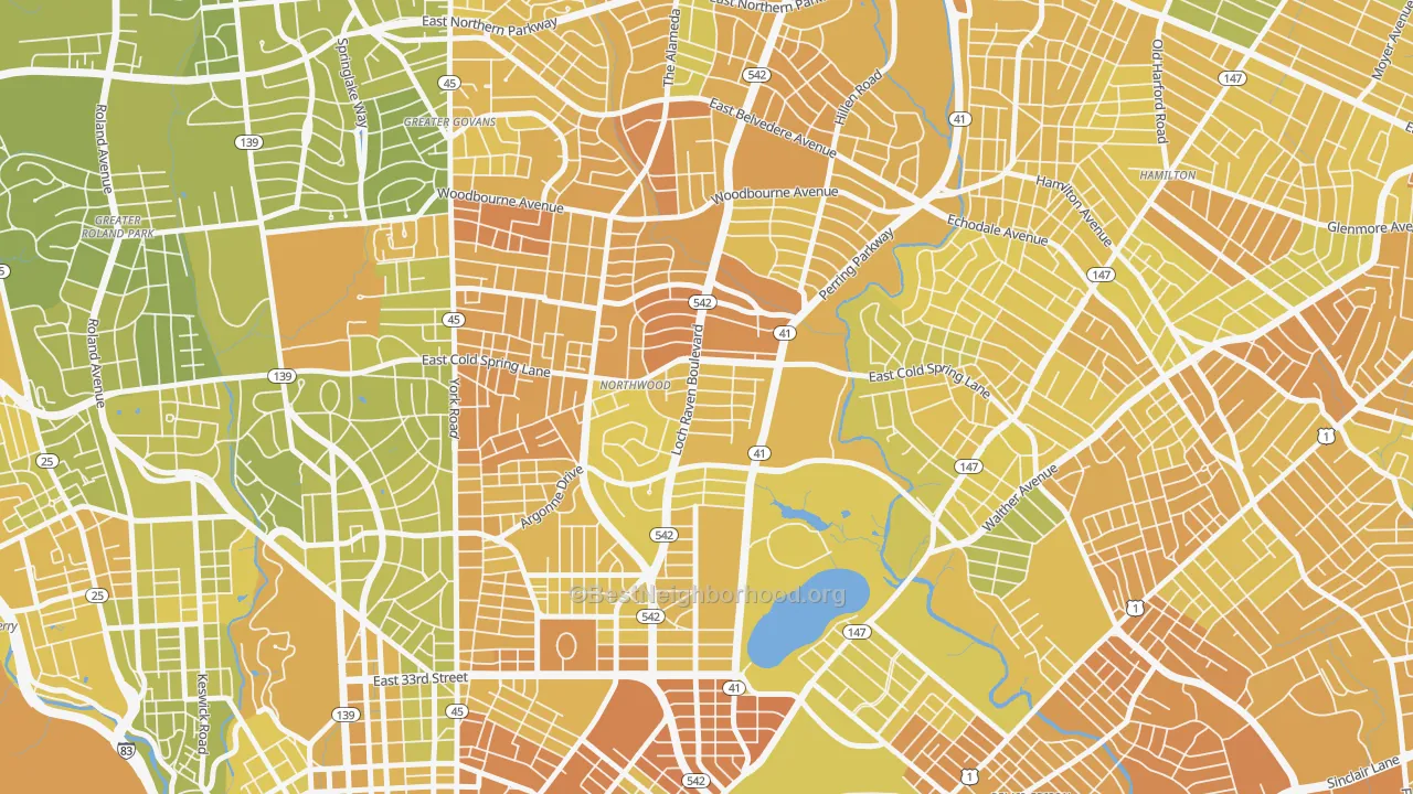 Map of the best neighborhoods in the Lower Northwood, Baltimore area, with better matches in green and worse matches in red