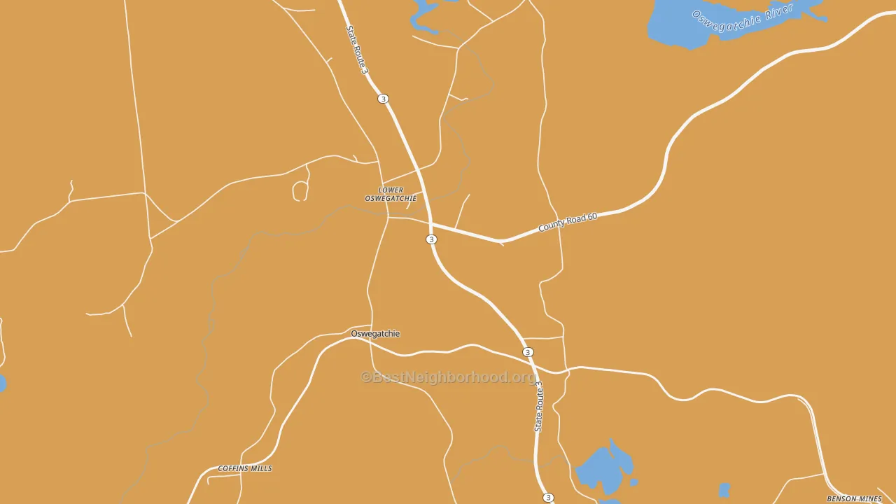 Map of the best neighborhoods in the Lower Oswegatchie area, with better matches in green and worse matches in red