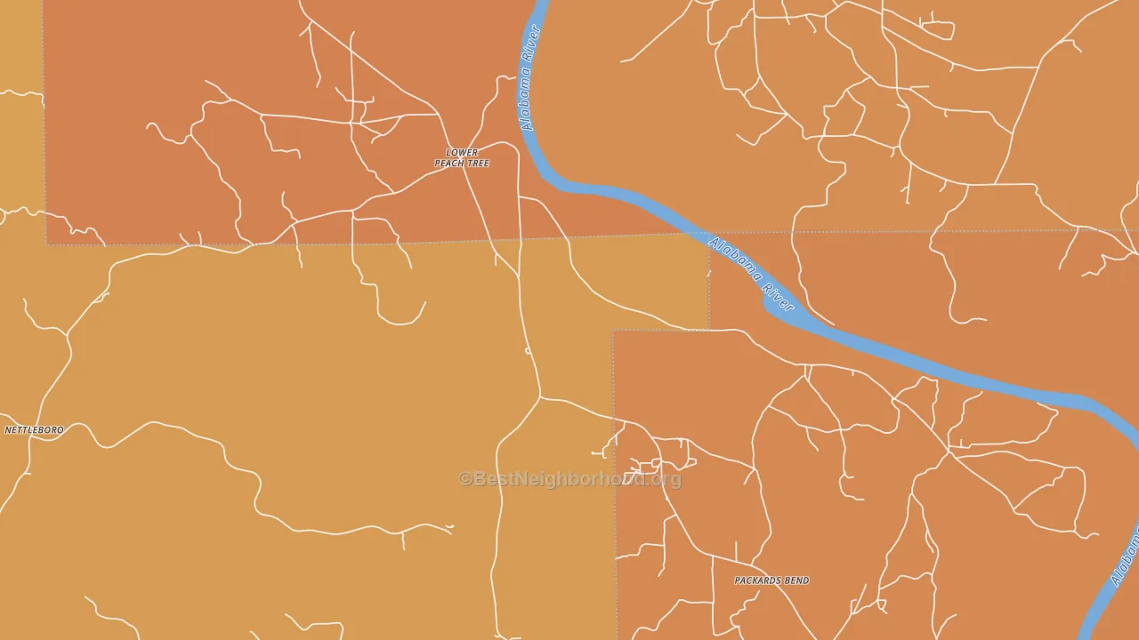 Map of the best neighborhoods in the Lower Peach Tree area, with better matches in green and worse matches in red