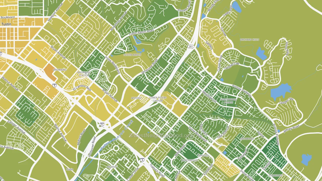 Map of the best neighborhoods in the Lower Peters Canyon, Irvine area, with better matches in green and worse matches in red