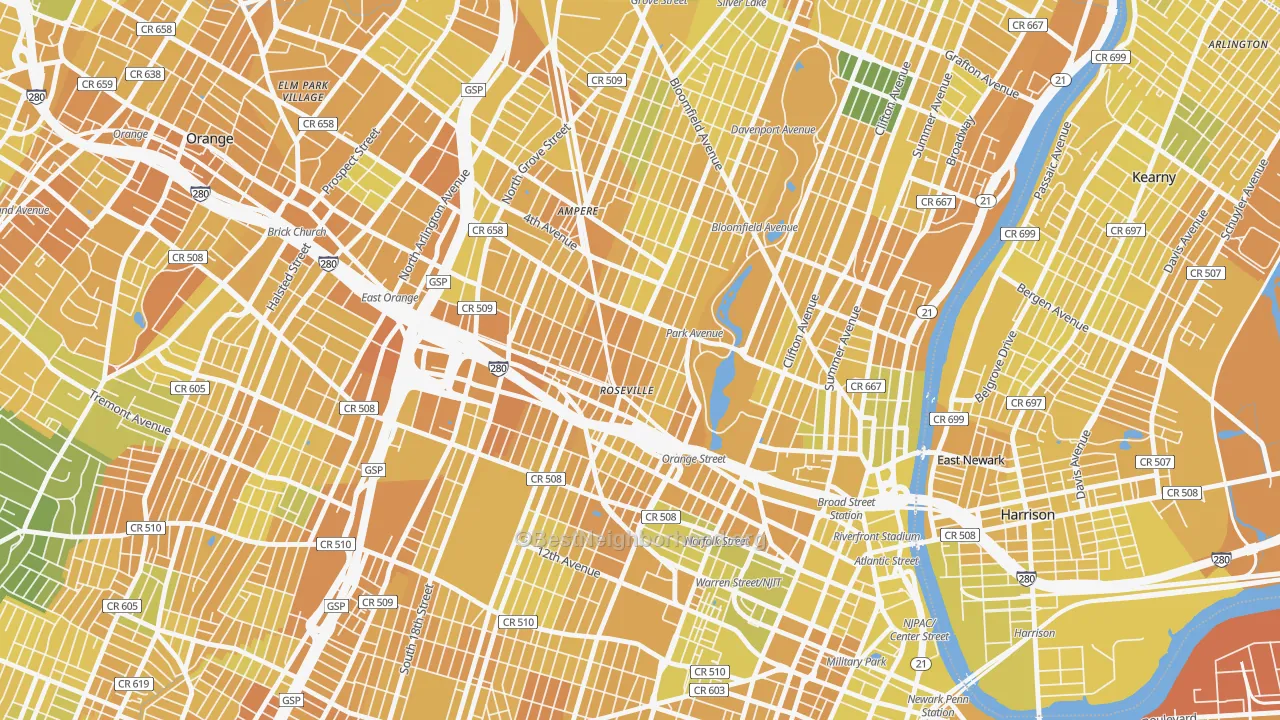 Map of the best neighborhoods in the Lower Roseville, Newark area, with better matches in green and worse matches in red