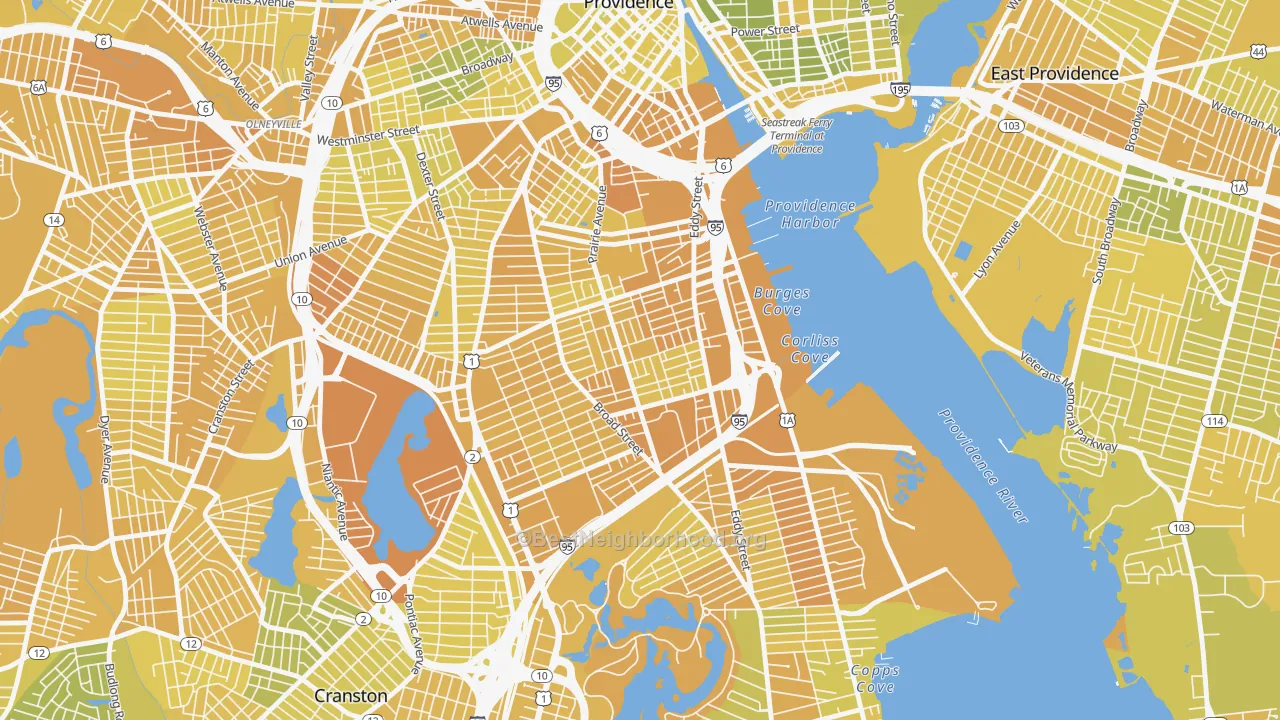 Map of the best neighborhoods in the Lower South Providence, Providence area, with better matches in green and worse matches in red