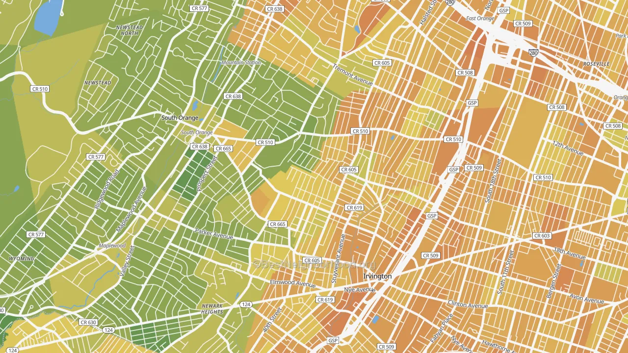 Map of the best neighborhoods in the Lower Vailsburg, Newark area, with better matches in green and worse matches in red