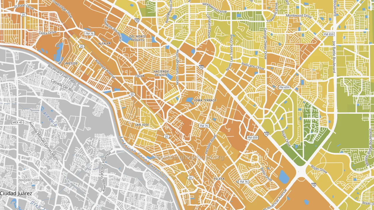 Map of the best neighborhoods in the Lower Valley, El Paso area, with better matches in green and worse matches in red