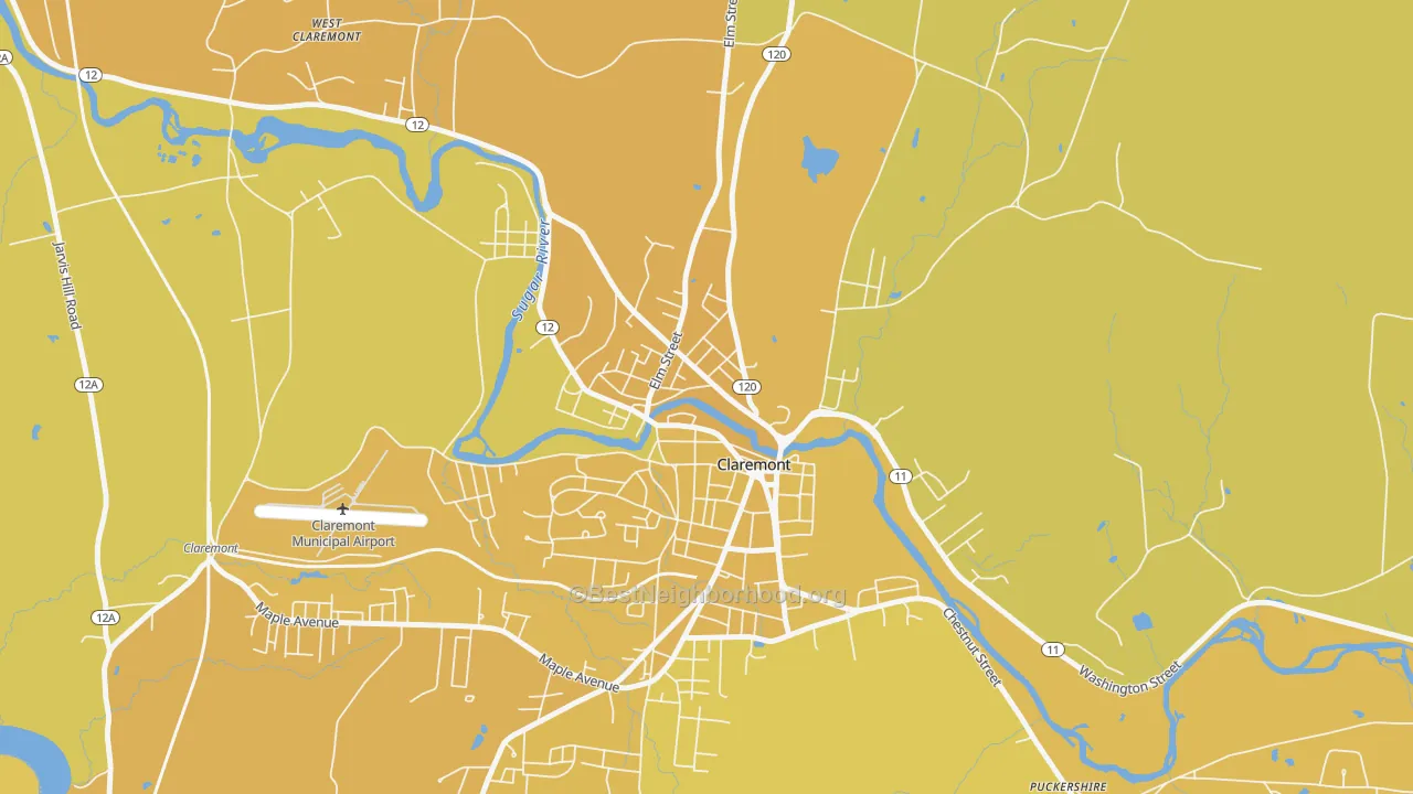 Map of the best neighborhoods in the Lower Village District, Claremont area, with better matches in green and worse matches in red