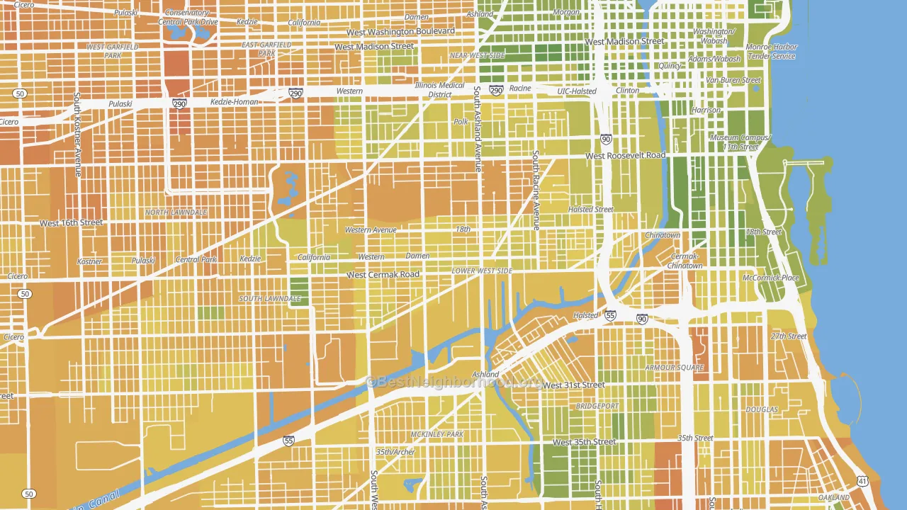 Map of the best neighborhoods in the Lower West Side, Chicago area, with better matches in green and worse matches in red