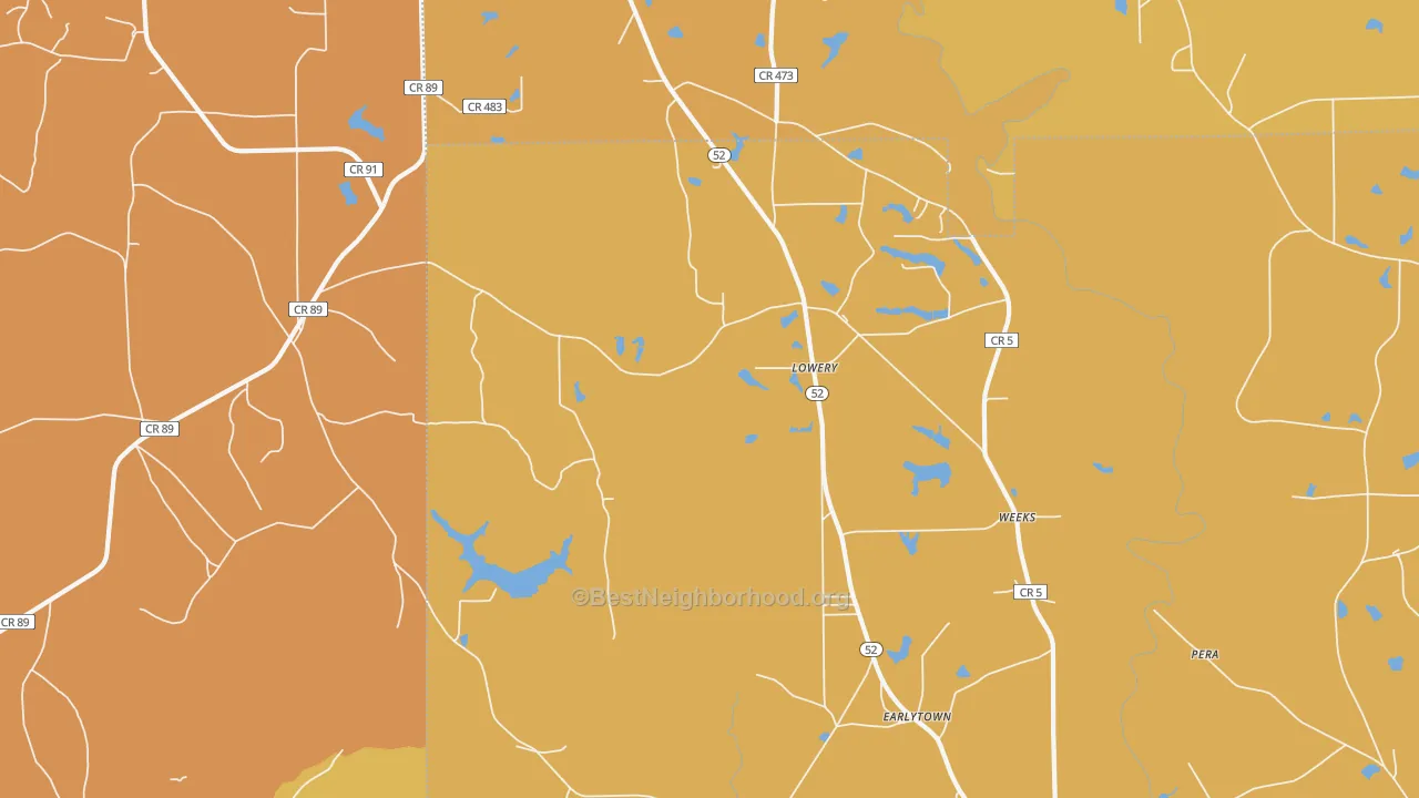 Map of the best neighborhoods in the Lowery area, with better matches in green and worse matches in red