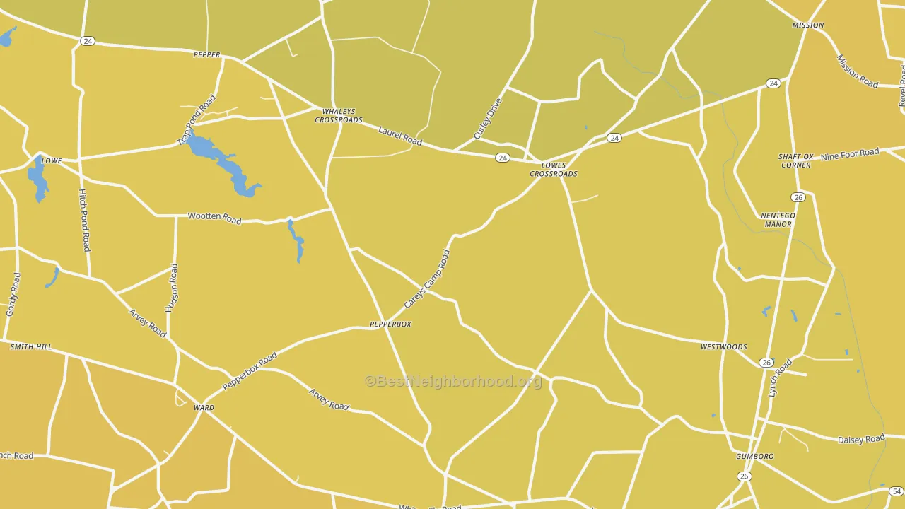 Map of the best neighborhoods in the Lowes Crossroads area, with better matches in green and worse matches in red