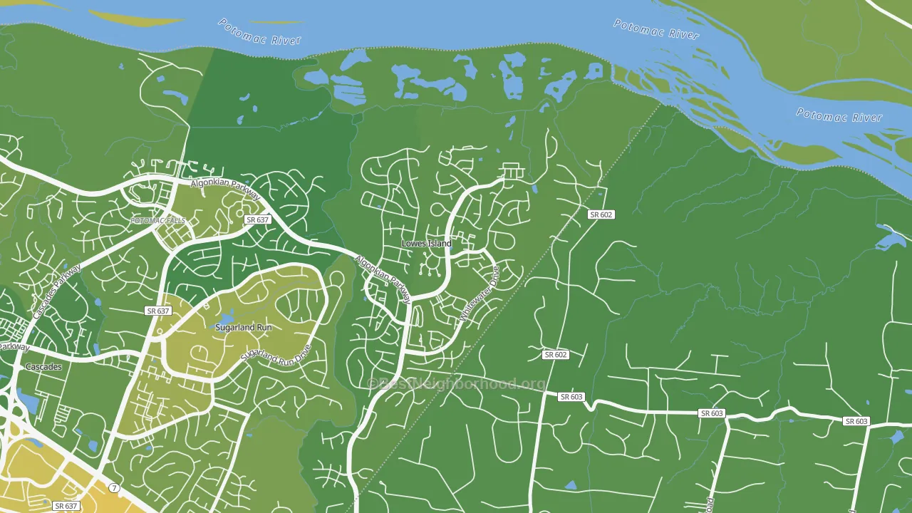 Map of the best neighborhoods in the Lowes Island area, with better matches in green and worse matches in red